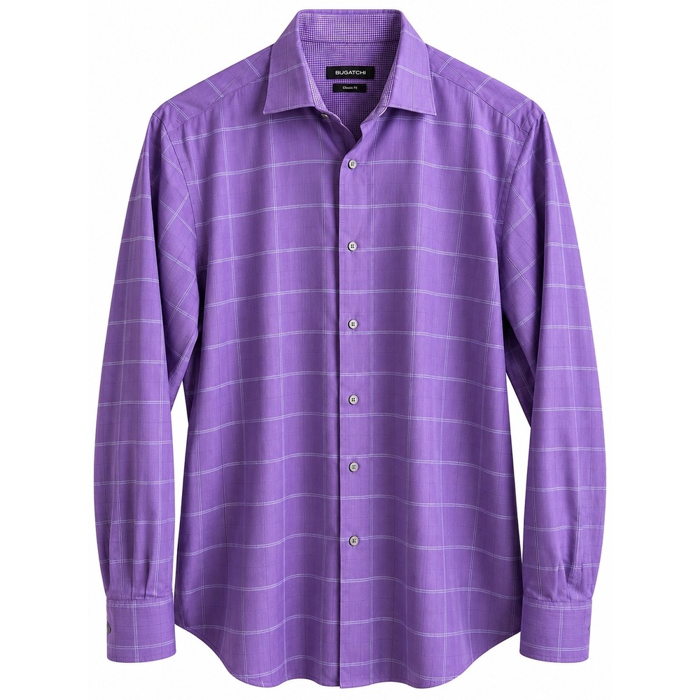 Bugatchi Men's Purple Plaid Long Sleeve Button Down Dress Shirt Classic Fit
